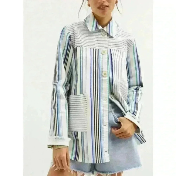 Anthropologie Maeve Oversize Denim Shirt S Shacket Jacket Boho Patchwork Stripe - Picture 2 of 14